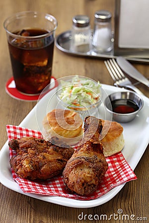 Homemade buttermilk fried chicken & biscuits Stock Photo