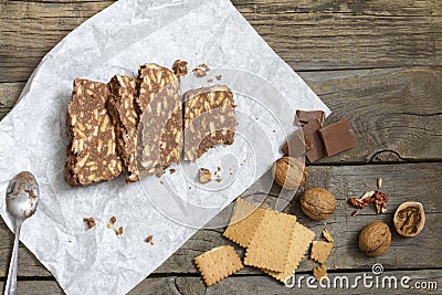 Homemade cake with chocolate nuts and biscuits Stock Photo