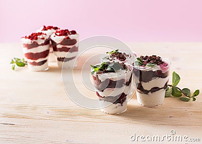 Homemade cake dessert. Trifle on pink background Stock Photo