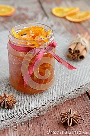 Homemade candied peels orange jam in glass jar Stock Photo