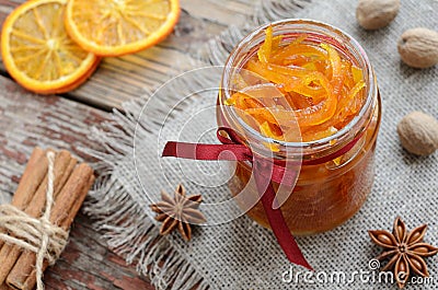 Homemade candied peels orange jam in glass jar Stock Photo