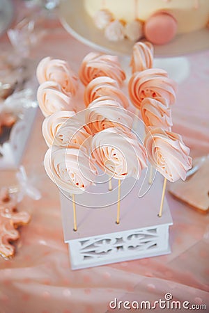 Homemade candies meringue on stick Meringue candy on wooden stick Stock Photo