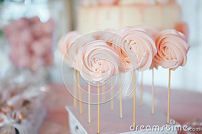Homemade candies meringue on stick Meringue candy on wooden stick. Festive sweet table for children. Candy Bar Stock Photo