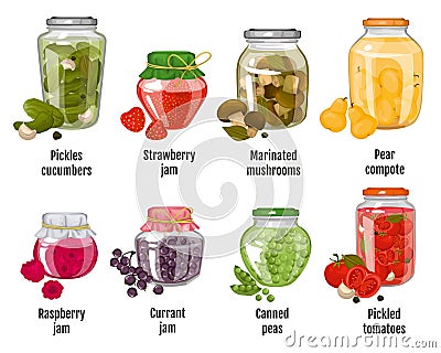 Homemade Canned Fruits And Vegetables Vector Illustration