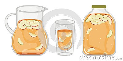 Homemade, canned, sweet, refreshing apple compote in a glass decanter, glass, jar Vector Illustration