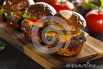 Homemade Cheeseburger Sliders with Lettuce Stock Photo