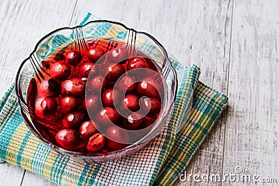 Homemade Cherry Compote in glass bowl / Komposto Stock Photo