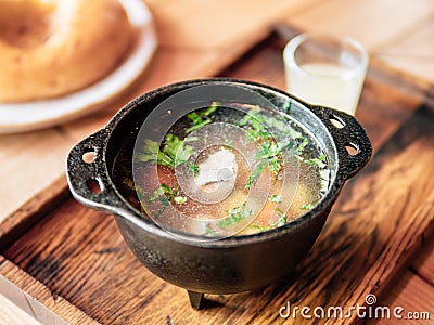 Homemade chicken bouillon or broth, view from above Stock Photo