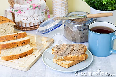 Homemade chicken liver pate, homemade white bread. Breakfast. Stock Photo