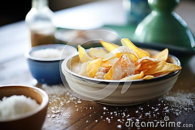 homemade chips in a ceramic dish with sea salt Stock Photo