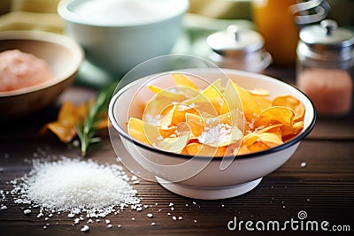 homemade chips in a ceramic dish with sea salt Stock Photo