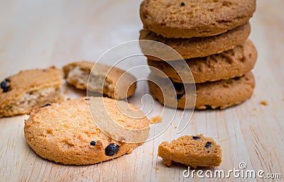Homemade chocolat chip cookies on wood plate. Stock Photo