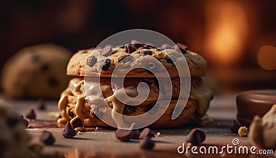 Homemade chocolate chip cookie stack, indulgent dessert on rustic table generated by AI Stock Photo
