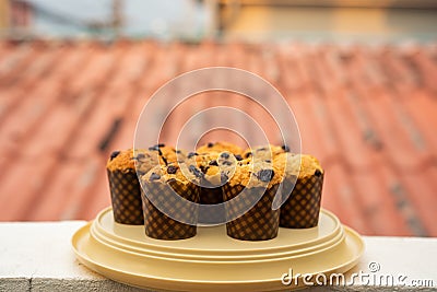 Homemade chocolate chip and raisin muffins Stock Photo