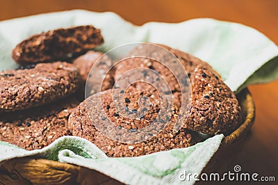 Homemade chocolate oatmeal cookies with white and black sesame seeds Stock Photo