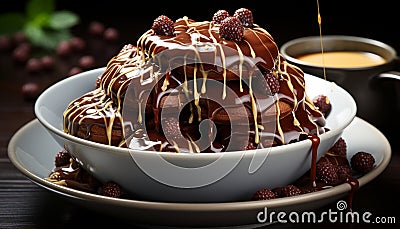 Homemade chocolate pancake stack with fresh berry sauce decoration generated by AI Stock Photo