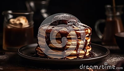 Homemade chocolate pancake stack with fruit and syrup on plate generated by AI Stock Photo