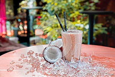 Homemade chocolate shake with coconut and chia seeds Stock Photo