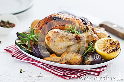 Homemade christmas chicken with vegetables on a plate Stock Photo