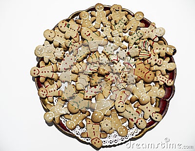 Homemade Christmas gingerbread cookies on a tray. Many biscuits of different shapes. Decorated Christmas cookies Stock Photo