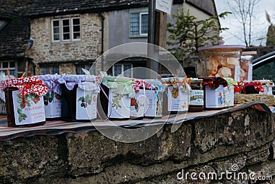 Homemade chutney, marmalade and jam for sale in Lacock, England. Editorial Stock Photo