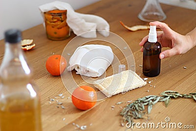 Homemade citrus cleaner. Zero waste home cleaning concept. Stock Photo