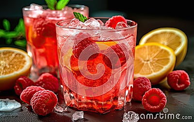 Homemade citrus and raspberry lemonade with ice. Summer cool drinks. Created with generative AI technology Stock Photo