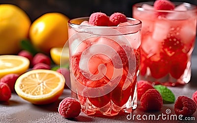 Homemade citrus and raspberry lemonade with ice. Summer cool drinks. Stock Photo