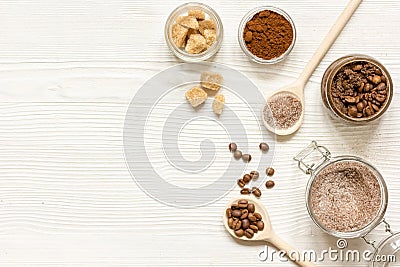 Homemade coffee-sugar scrub top view wooden background Stock Photo