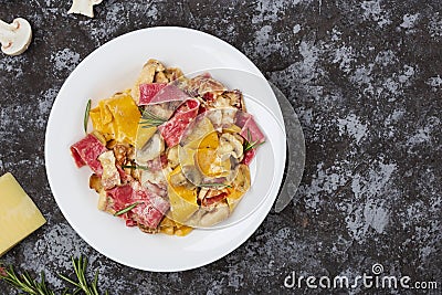 Colored papardelle with chicken, bacon and mushrooms Stock Photo