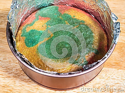 Homemade colorful baked cake in springform pan Stock Photo