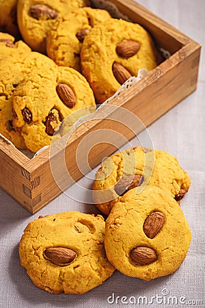 Homemade corn shortbread cookies with almond and caramel sauce. Stock Photo