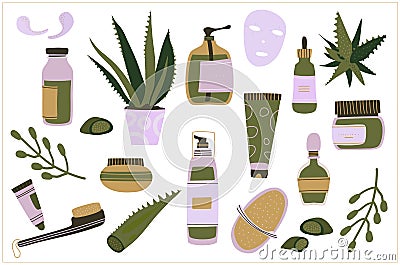Homemade cosmetic from Aloe Vera.Make up.Organic face mask.Natural skin care.Everyday love to yourself. Vector Illustration