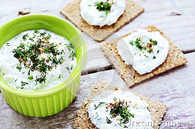 Homemade cottage cheese spread and rye loaves sandwiches Stock Photo