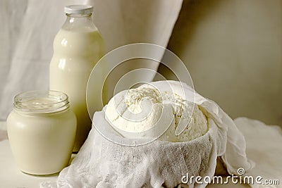 Homemade dairy products: cottage cheese, sour cream and milk on a white background. Style rustic. Stock Photo