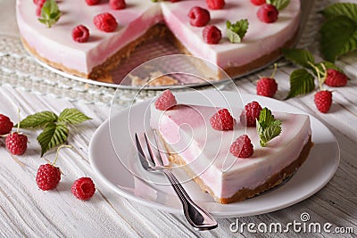 Homemade delicious piece cheesecake with raspberries Stock Photo