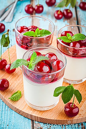 Homemade dessert panna cotta with cherry and mint Stock Photo