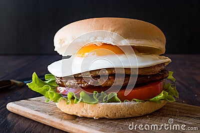 Homemade Double Hamburger with Egg, Lettuce and Tomatoes. Stock Photo