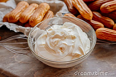 Homemade eclairs. Preparation of eclairs in the home kitchen. Stock Photo
