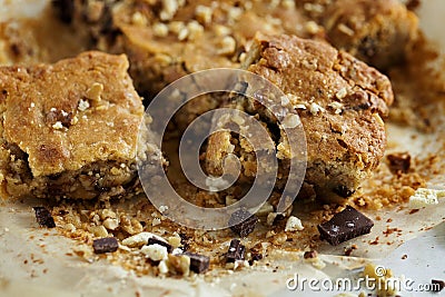 Homemade freshly baked square Blondie cookies Blonde on white wooden background. Close up. Stock Photo