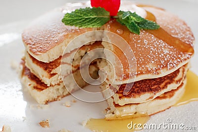 Homemade fried pancakes with hohey closeup Stock Photo