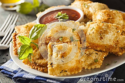 Homemade Fried Ravioli with Marinara Sauce Stock Photo