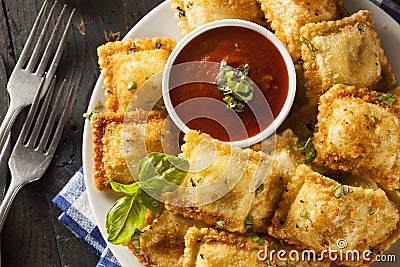 Homemade Fried Ravioli with Marinara Sauce Stock Photo