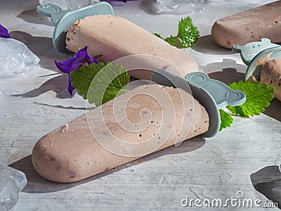 Homemade fruit ice cream on a light table. Ice cubes, mint leaves and bell flowers are scattered next to the table for decoration Stock Photo