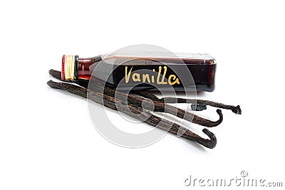 Homemade gift, small bottle of vanilla extract and three vanilla Stock Photo
