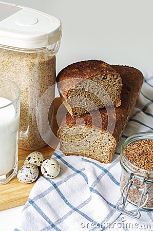 Homemade gluten free bread with linseed seeds and psyllium husk. Stock Photo