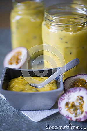 Homemade granadilla curd in glass jars Stock Photo