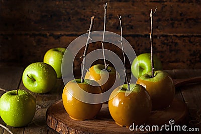 Homemade Green Caramel Apples Stock Photo