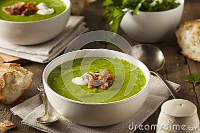 Homemade Green Spring Pea Soup Stock Photo