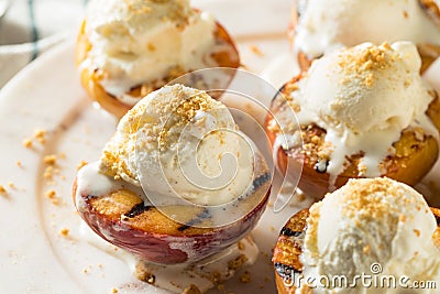 Homemade Grilled Peaches with Ice Cream Stock Photo